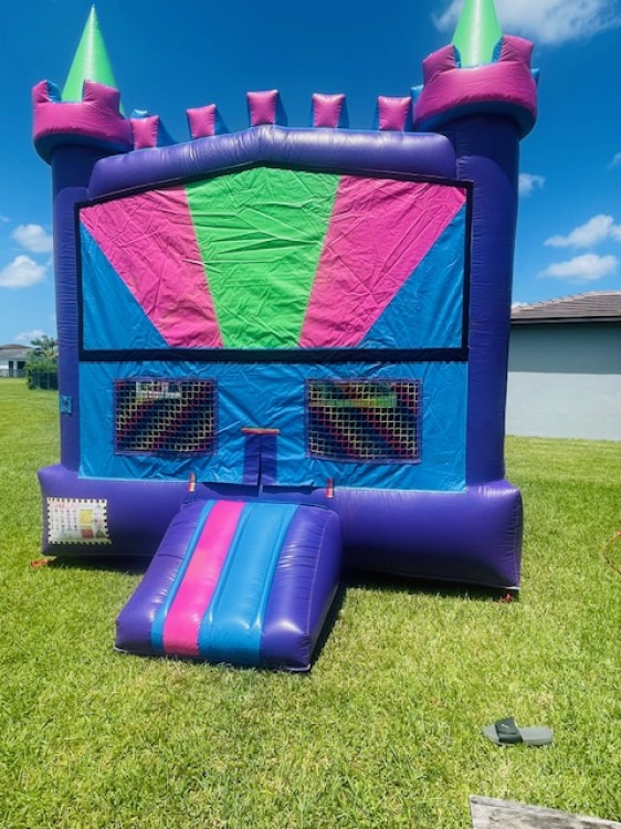 Purple, pink, blue and green bounce castle with hoop